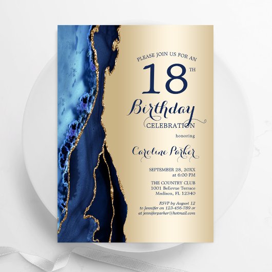 Invitation Gold Navy Blue Agate 18e anniversaire