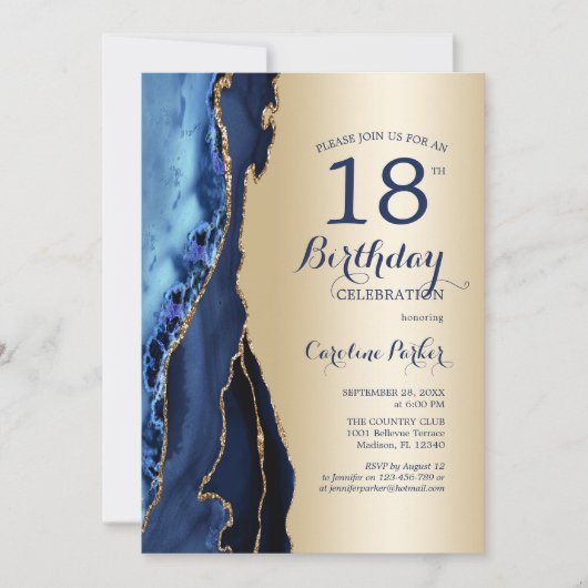 Invitation Gold Navy Blue Agate 18e anniversaire (Devant)