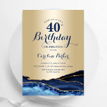 Invitation Gold Navy Blue Agate 40e anniversaire<br><div class="desc">Invitation à la fête du 40e anniversaire de l'agate bleu marine et or. Elégant design moderne avec aquarelle bleu royal agate marbre arrière - plan, fausse parties scintillant or et typographie script police. Carte invitation branchée parfaite pour une célébration anniversaire féminine élégante. Invitations Zazzle imprimées ou téléchargement instantané modèle imprimable...</div>