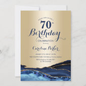 Invitation Gold Navy Blue Agate Marbre 70e anniversaire (Devant)