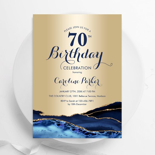 Invitation Gold Navy Blue Agate Marbre 70e anniversaire