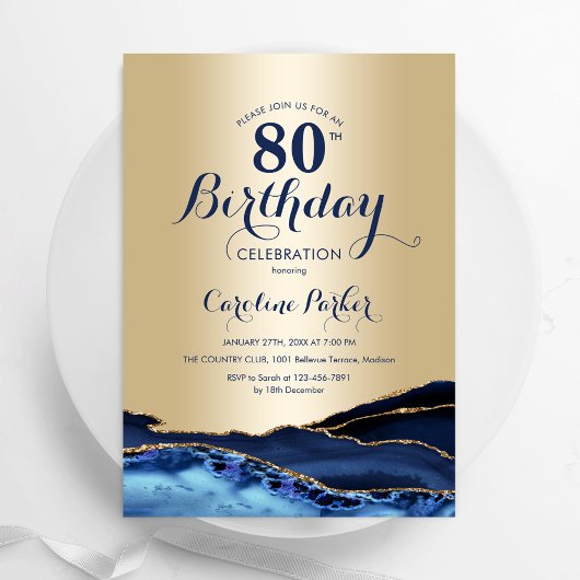 Invitation Gold Navy Blue Agate Marbre 80e anniversaire