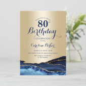 Invitation Gold Navy Blue Agate Marbre 80e anniversaire (Debout devant)