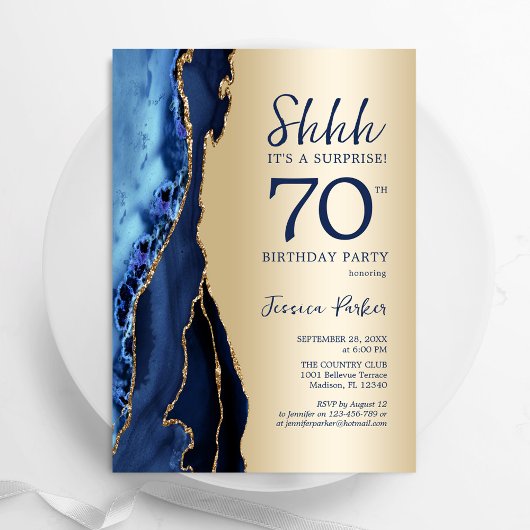 Invitation Gold Navy Blue Agate Surprise 70e anniversaire