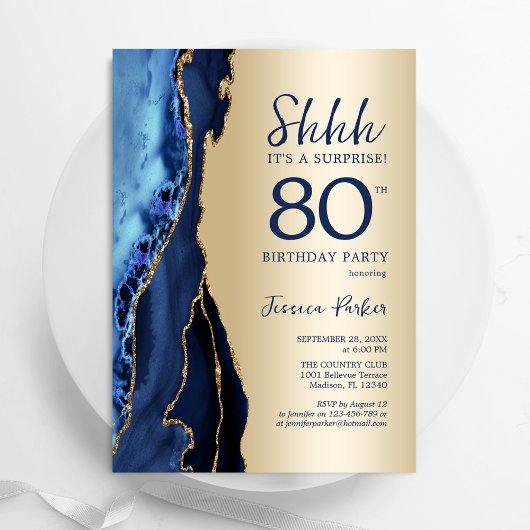 Invitation Gold Navy Blue Agate Surprise 80e anniversaire