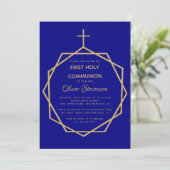 Invitation Gold Navy Blue Boy First Holy Communion Géométriqu (Debout devant)