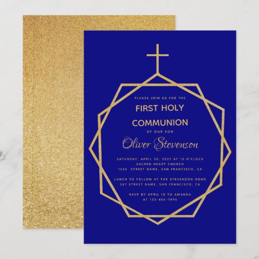 Invitation Gold Navy Blue Boy First Holy Communion Géométriqu (Devant / Derrière)