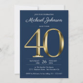 Invitation Gold Navy Blue Classy 40e anniversaire fête (Devant)