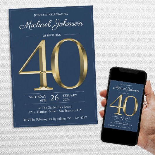 Invitation Gold Navy Blue Classy 40e anniversaire fête