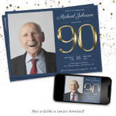 Invitation Gold Navy Blue Classy Photo 90th Birthday Party