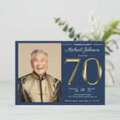 Invitation Gold Navy Blue Custom Photo Surprise 70e anniversa (Debout devant)