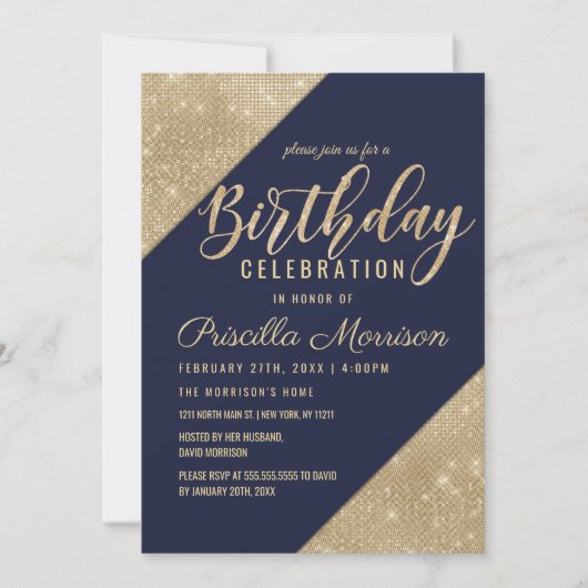 Invitation Gold Navy Blue Faux Parties scintillant Sequin Ann (Devant)
