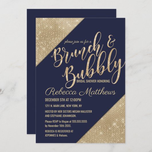 Invitation Gold Navy Blue Faux Parties scintillant Sequin Bru (Devant / Derrière)