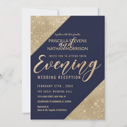 Invitation Gold Navy Blue Faux Parties scintillant Sequin Soi (Devant)