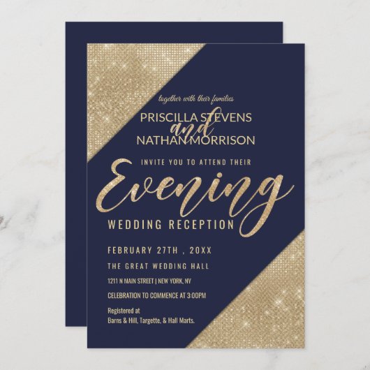 Invitation Gold Navy Blue Faux Parties scintillant Sequin Soi (Devant / Derrière)