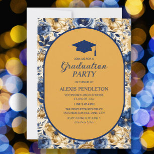 Invitation Gold Navy Blue Floral Lycée Cap