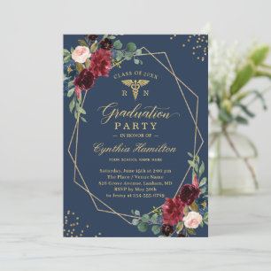 Invitation Gold Navy Blue Floral Nursing School Graduation
