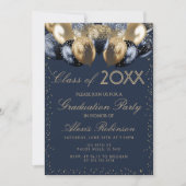 Invitation Gold Navy Blue Glitter Balloons Graduation Party (Devant)