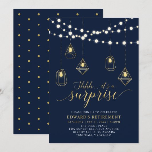 Invitation Gold & Navy Blue Moderne Surprise Retraite Party (Devant / Derrière)