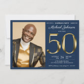 Invitation Gold Navy Blue Photo 50th Birthday Surprise Party (Devant)