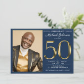 Invitation Gold Navy Blue Photo 50th Birthday Surprise Party (Debout devant)
