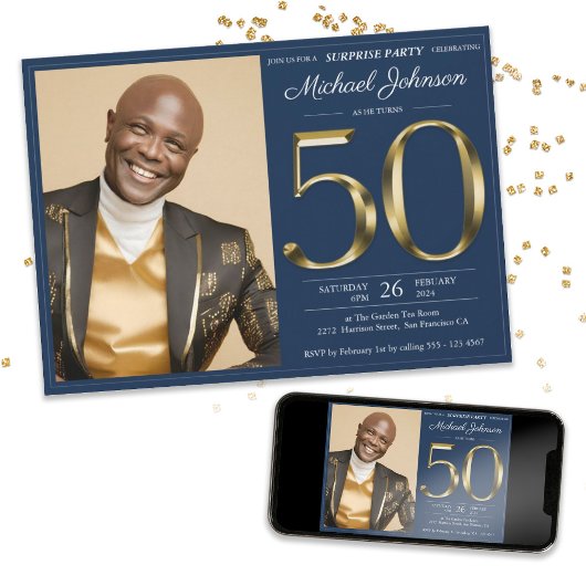 Invitation Gold Navy Blue Photo 50th Birthday Surprise Party