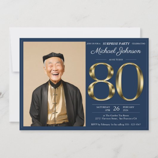 Invitation Gold Navy Blue Photo Surprise 80e anniversaire (Devant)