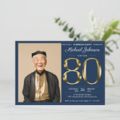 Invitation Gold Navy Blue Photo Surprise 80e anniversaire (Debout devant)