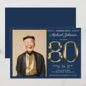 Invitation Gold Navy Blue Photo Surprise 80e anniversaire (Devant / Derrière)