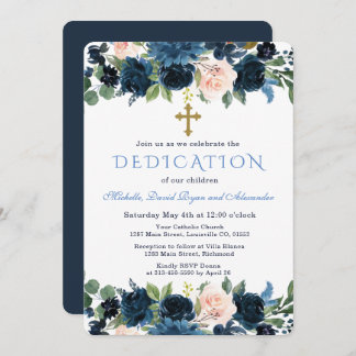 Invitation Gold Navy Blue Pink Floral Triplets Dedication