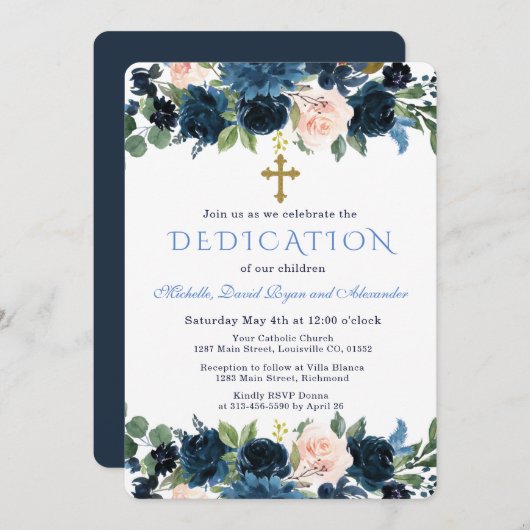 Invitation Gold Navy Blue Pink Floral Triplets Dedication (Devant / Derrière)