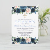 Invitation Gold Navy Blue Pink Floral Triplets Dedication (Debout devant)