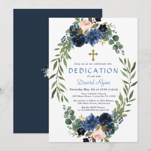 Invitation Gold Navy Blue Rose Floral Dédication de couronne (Devant / Derrière)