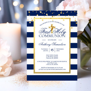 Invitation Gold Navy Blue Stripes Premier Saint Communion Gar