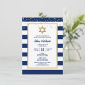 Invitation Gold Navy Blue Stripes & Star David | Bar Mitzvah (Debout devant)