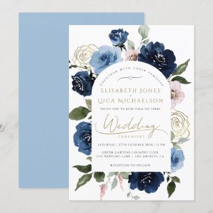 Invitation Gold Navy Blush Florals Botanique Blue Mariage