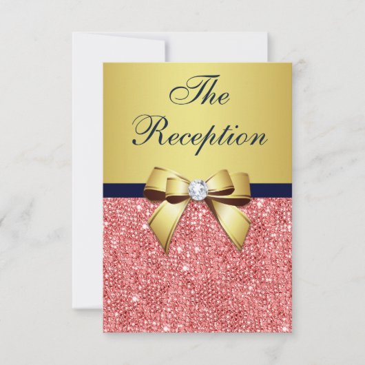 Invitation Gold Navy Coral Sequins Bow Mariage Réception (Devant)