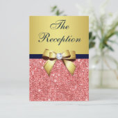 Invitation Gold Navy Coral Sequins Bow Mariage Réception (Debout devant)