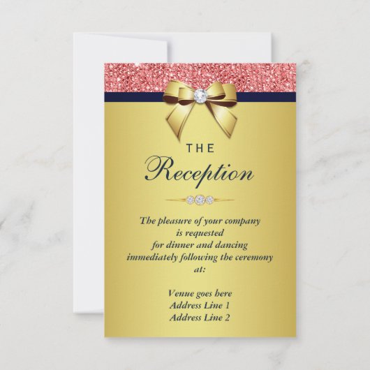 Invitation Gold Navy Coral Sequins Bow Mariage Réception (Dos)