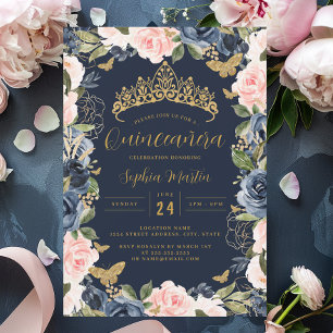 Invitation Gold Navy rose Floral Tiara Butterfly Quinceanera