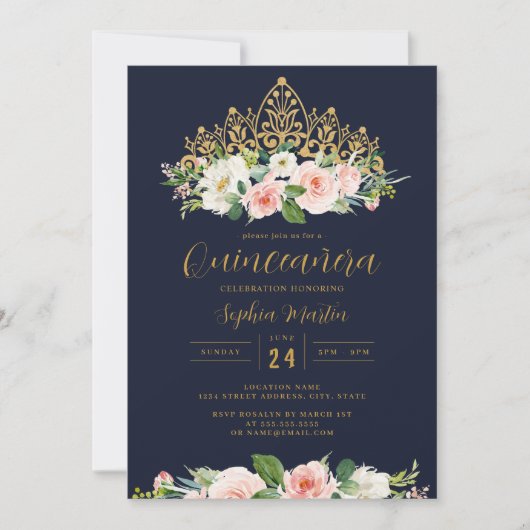 Invitation Gold Navy rose Floral Tiara Quinceanera (Devant)