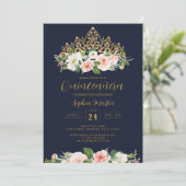 Invitation Gold Navy rose Floral Tiara Quinceanera (Debout devant)