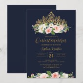 Invitation Gold Navy rose Floral Tiara Quinceanera (Devant / Derrière)