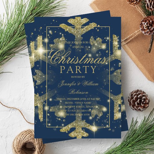 Invitation Gold Navy Snowflake Noël