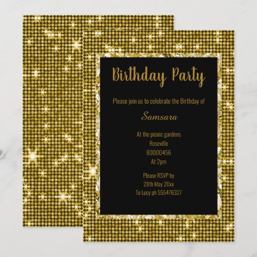 INVITATION GOLD NOIR DISCO THÈME TOUTE OCCASION ANNIVERSAIRE (Devant / Derrière)