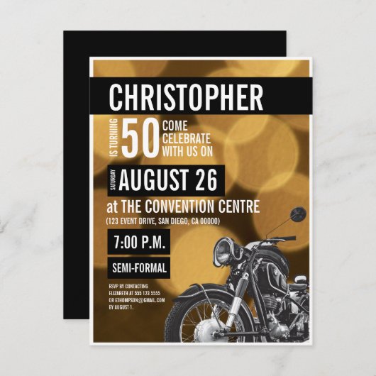 Invitation Gold noir Motorcycle moderne thème 50e anniversair (Devant / Derrière)