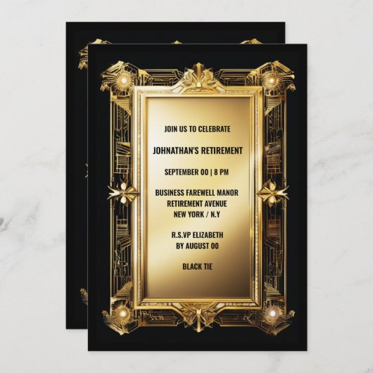 Invitation Gold noir photo retraite adieu art déco (Devant / Derrière)