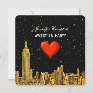 Invitation Gold NYC Skyline 01 Etched Heart Stars SQ Sweet 16