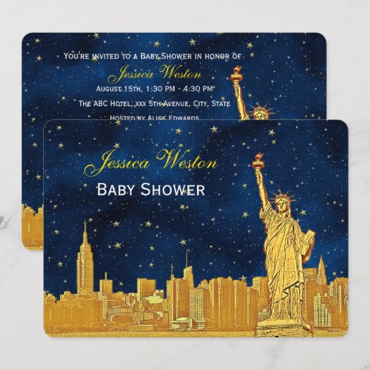 Invitation Gold NYC Skyline #2 Blue Starry H Baby shower (Devant / Derrière)