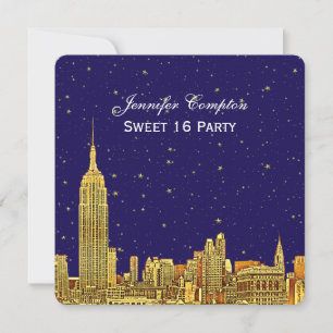 Invitation Gold NYC Skyline Etch Blue Starry Sky SQ Sweet 16